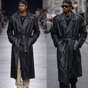 Vintage Pelle Studio Men’s Black Leather Double Breasted Full Length  Coat  Sz L